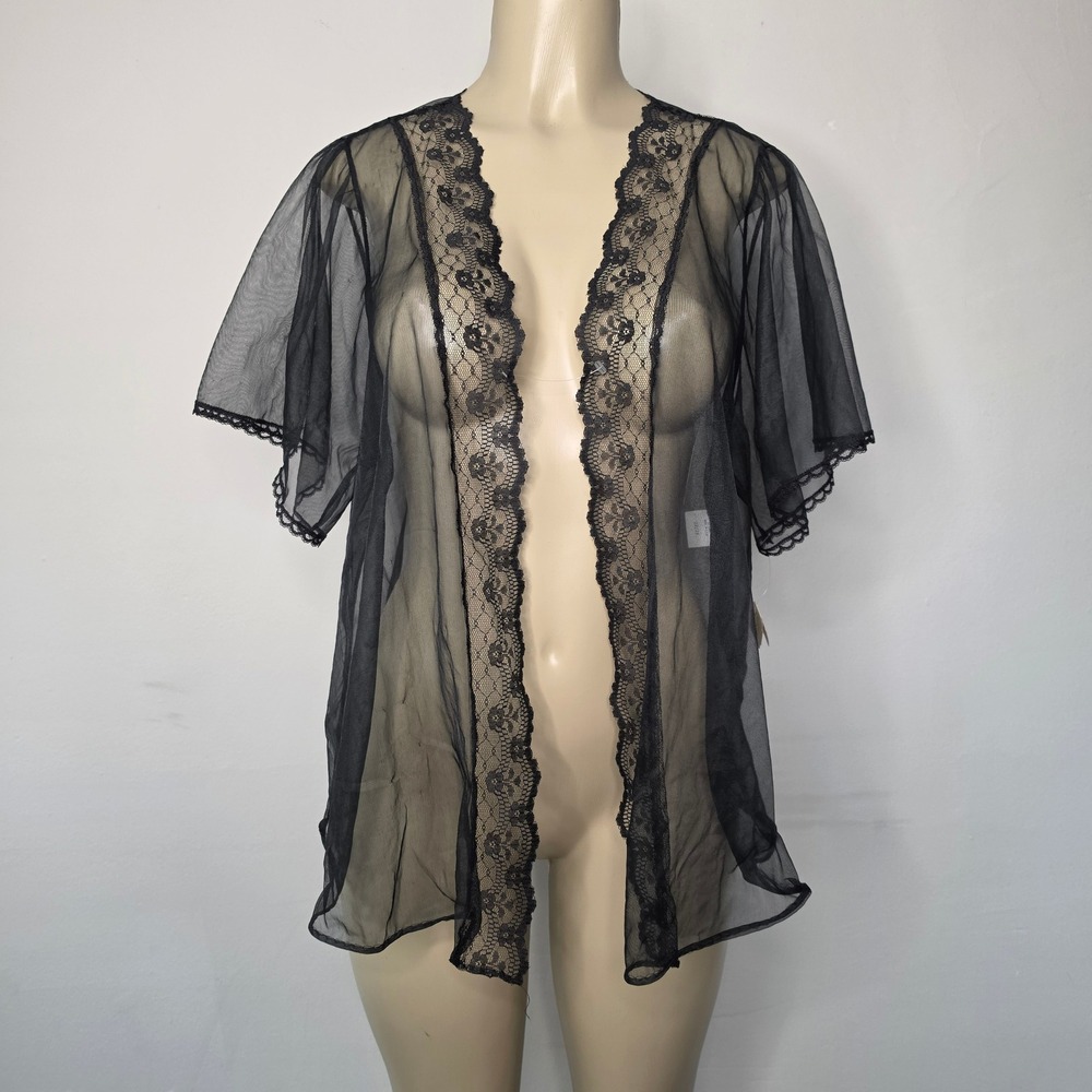 Lanique Robe Womens 22/24 Black Sheer Mesh Lace Trim Open Front Vintage USA 6315
